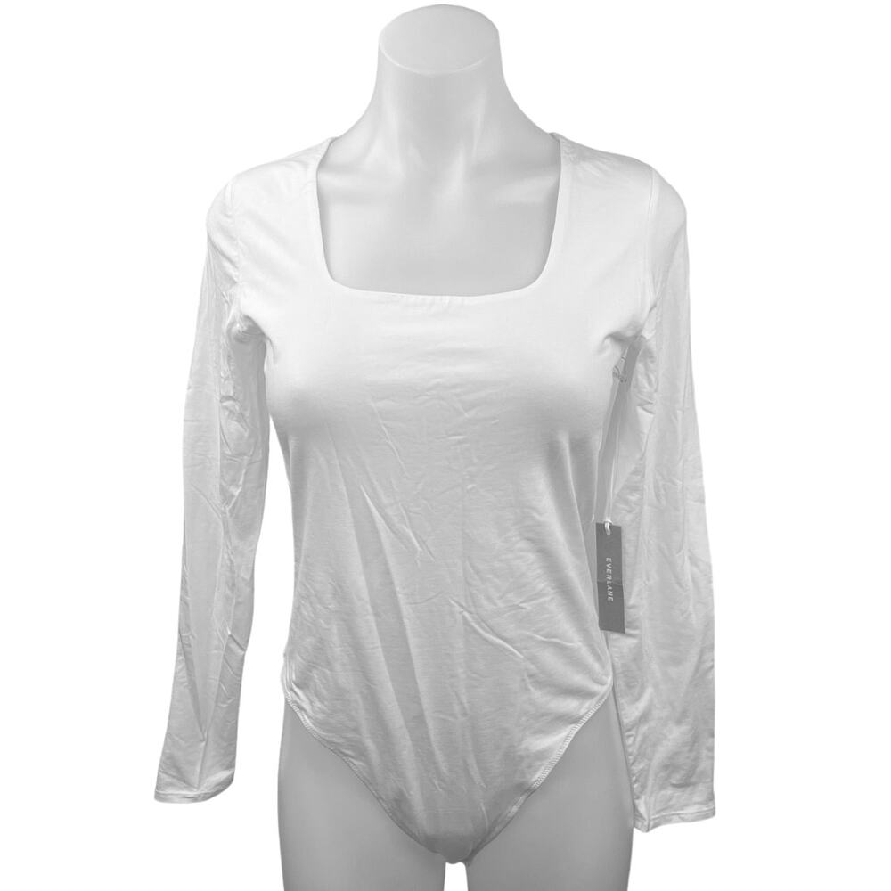 NEW Everlane White Supima Cotton Square Neck Long Sleeve Thong Bodysuit Size M